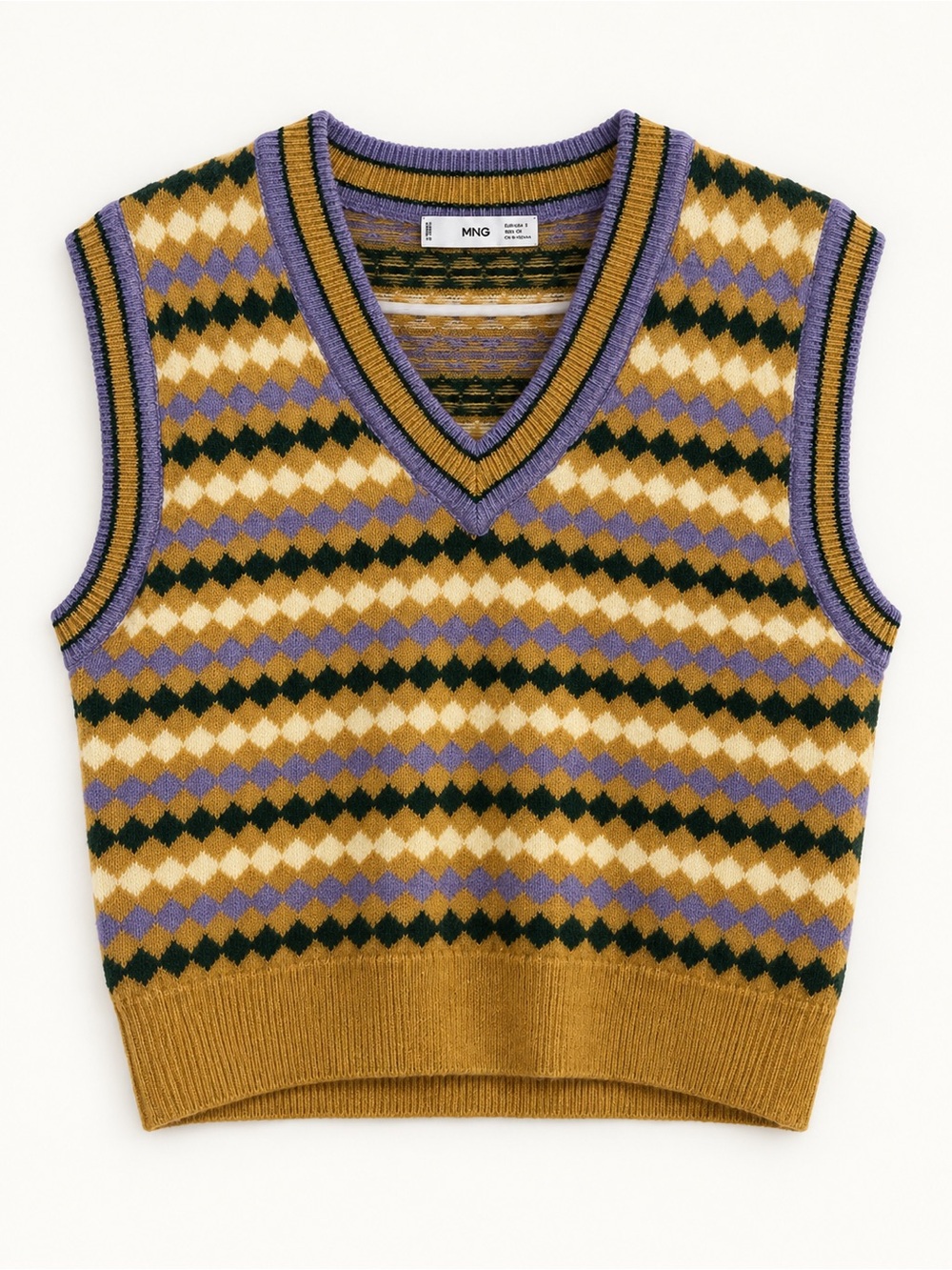MNG Mango Geometric Knit Sweater Vest | Small | Mustard & Purple